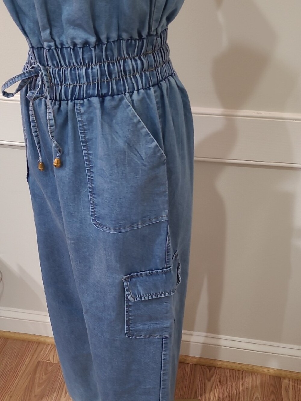 Charlotte Russe Blue Strapless Elastic-Waist Denim Cargo Jeans Jumpsuit - Size M - Picture 4 of 9